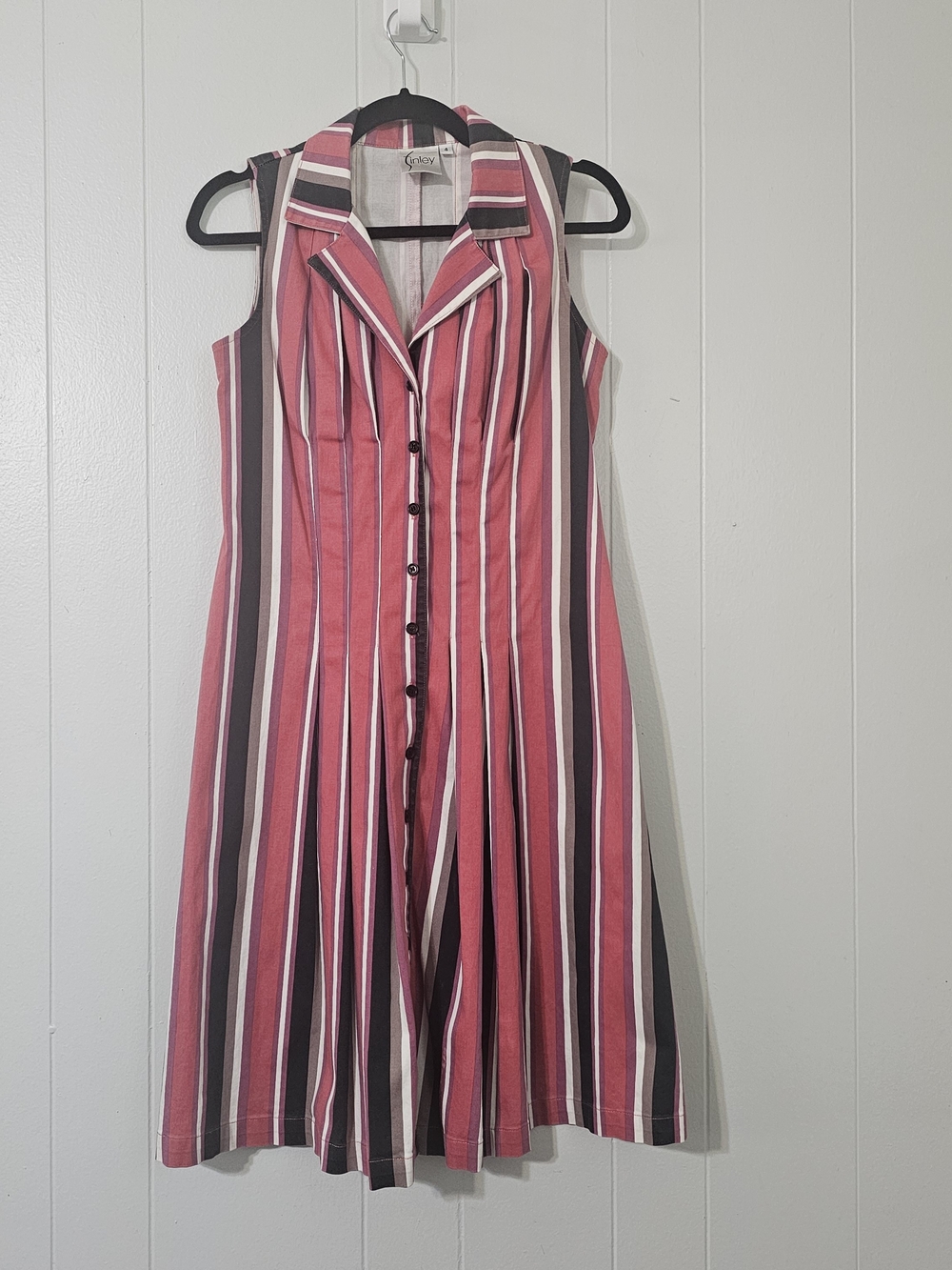 Vintage Finley Pink Stripe Sleeveless Button Front Fit Flare Dress Size 4